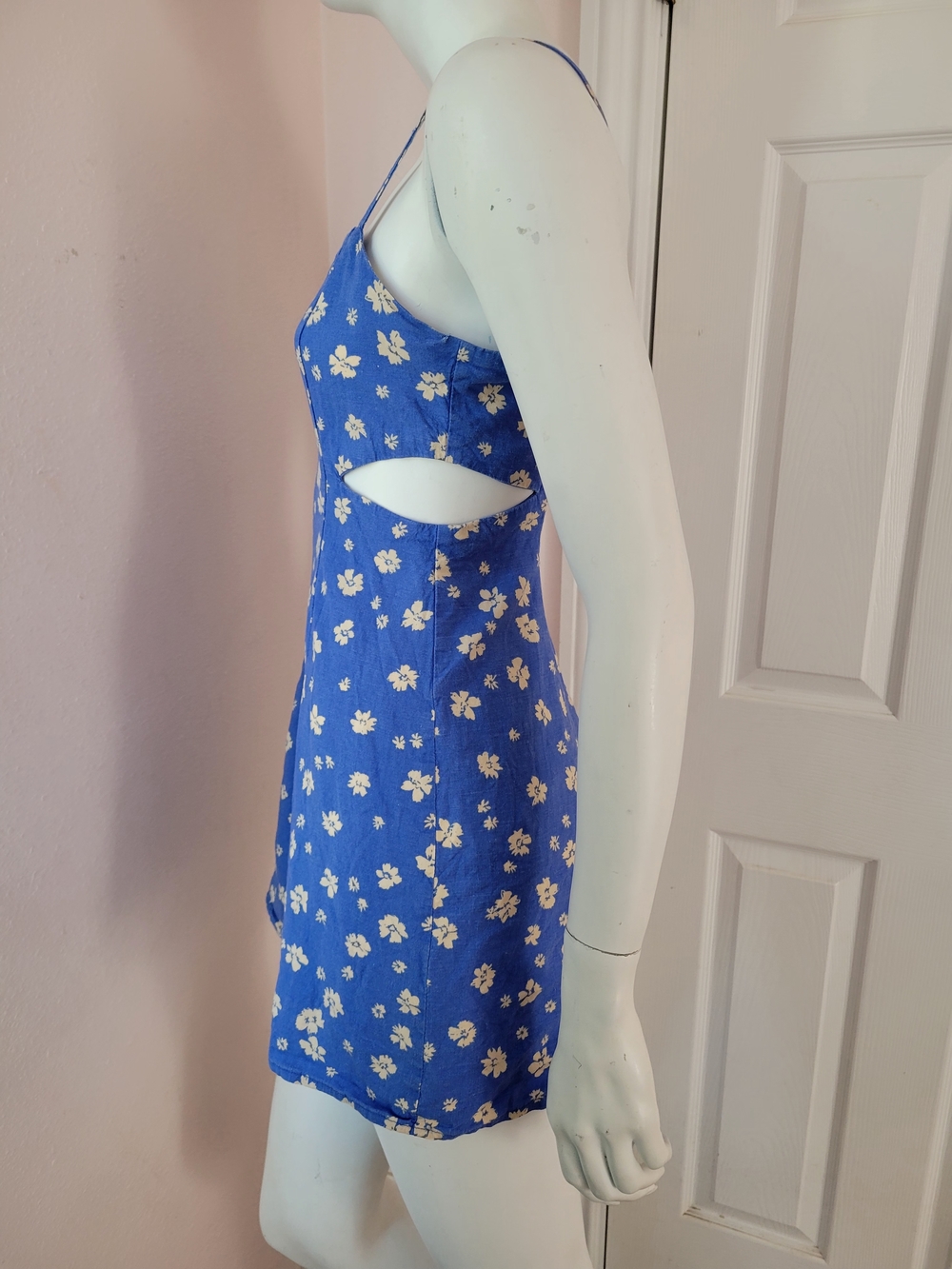 Zara Blue Floral Linen Blend Mini Dress Side Cutouts Summer Sundress Size Medium - Picture 4 of 9